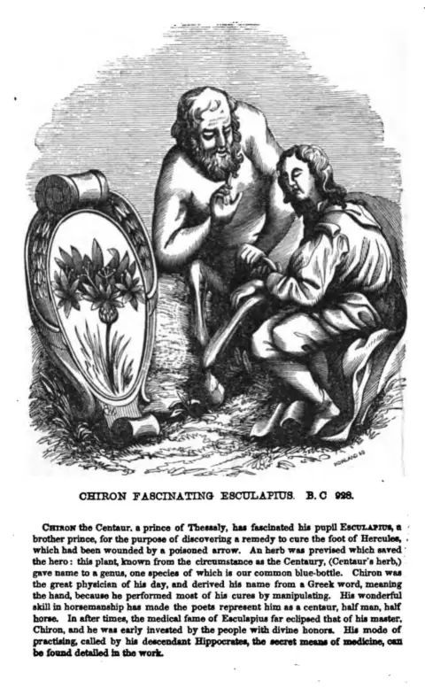 Engraving of Chiron fascinating Esculapius, the frontispiece of Fascination by John B. Newman, 1847