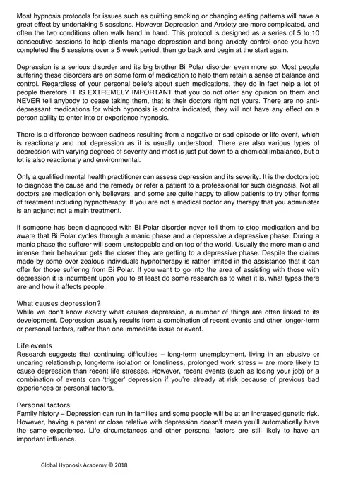 First page of the Depression and Anxiety Protocol, a full page of text introducing the five to ten session protocol
