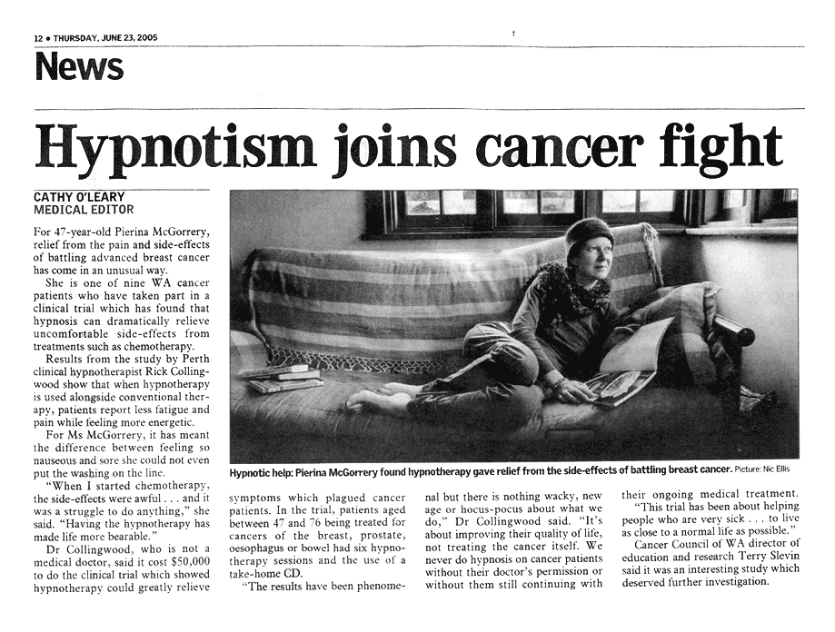Hypnotism Joins Cancer Fight Article